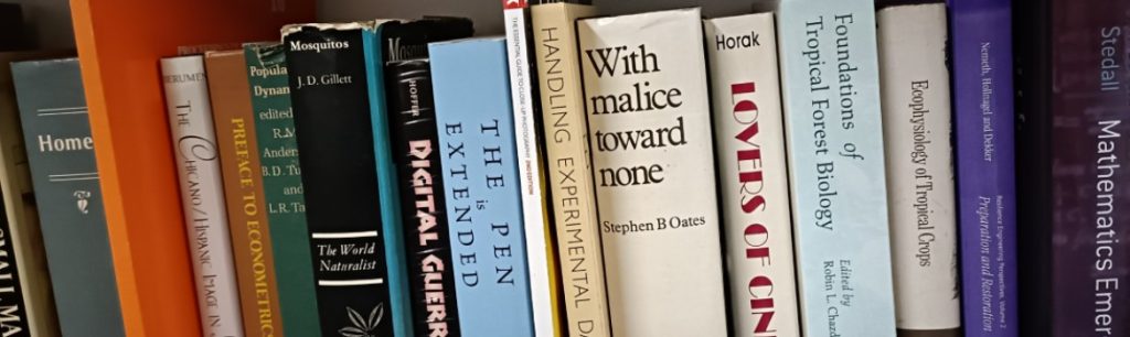 bookshelf in Qwertyword's stockroom showing some books currently in stock